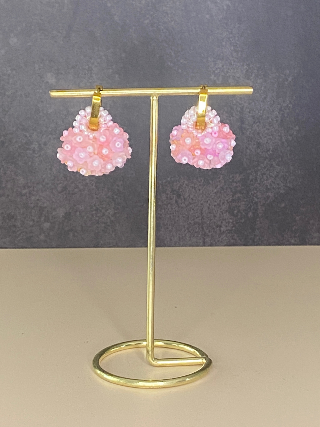 Amelia Soft Radiance handmade pink and gold beaded earrings by LuLeLo Designs