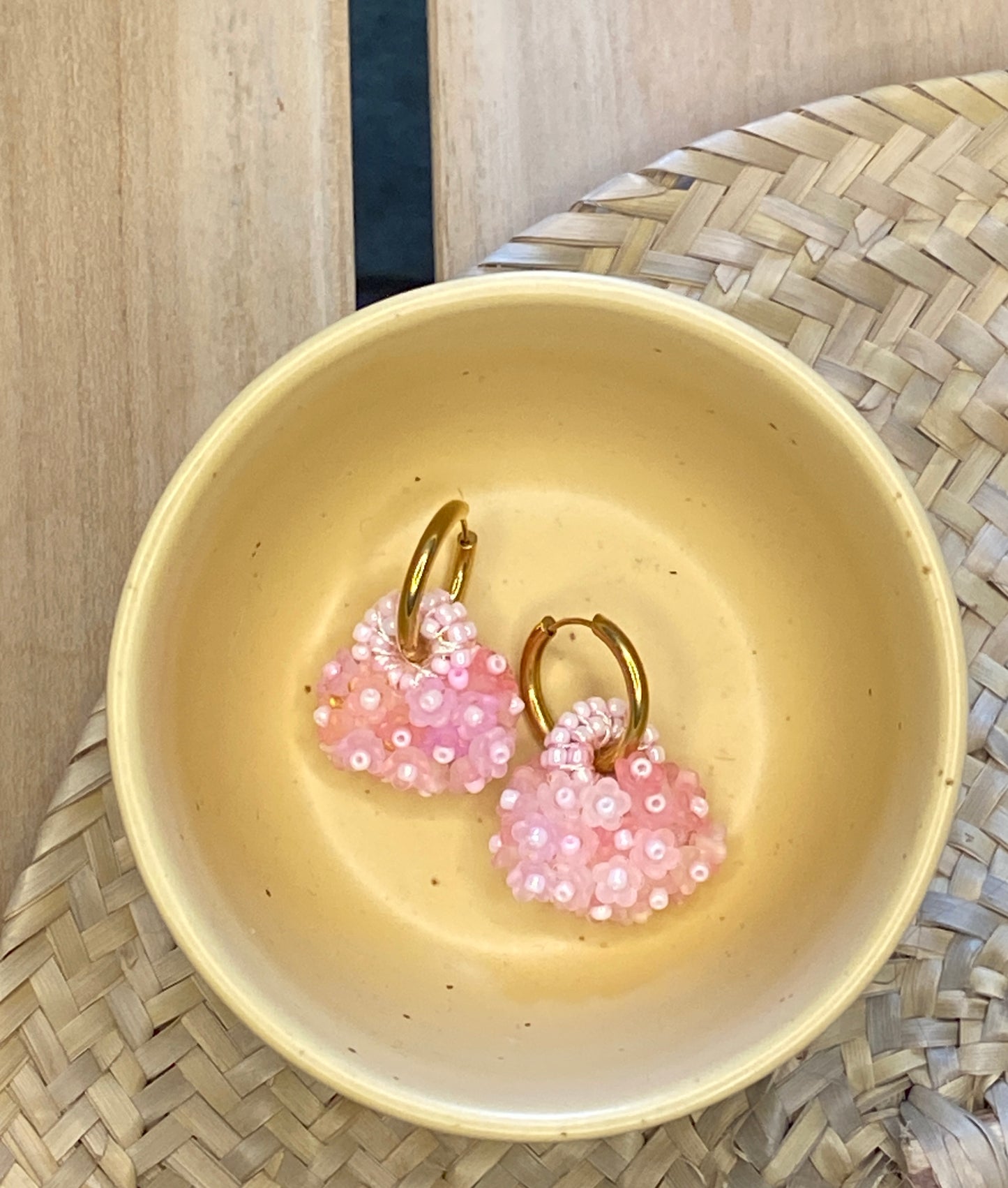 Amelia Soft Radiance handmade pink and gold beaded earrings by LuLeLo Designs